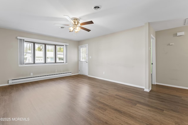 empty room with ceiling fan, a baseboard heating unit, and dark hardwood / wood-style flooring