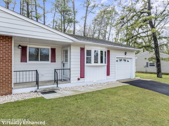 single story home featuring brick siding, roof with shingles, an attached garage, driveway, and a front lawn