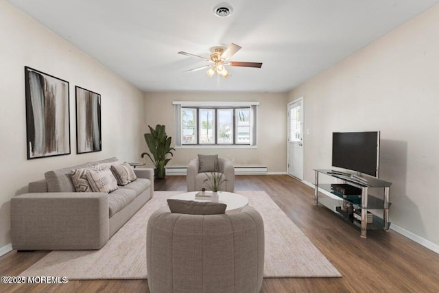 living room with ceiling fan, wood-type flooring, and a baseboard heating unit