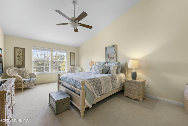 bedroom featuring carpet floors, ceiling fan, and vaulted ceiling