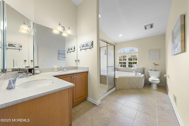 full bathroom with independent shower and bath, lofted ceiling, tile patterned flooring, vanity, and toilet