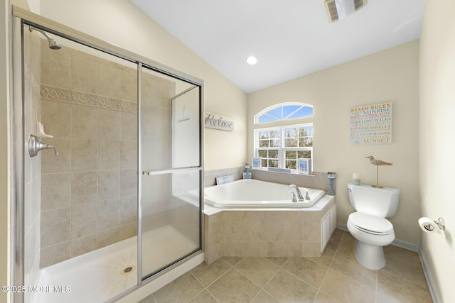 bathroom with lofted ceiling, toilet, independent shower and bath, and tile patterned flooring