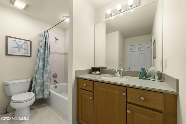 full bathroom featuring vanity, tile patterned floors, shower / bath combination with curtain, and toilet