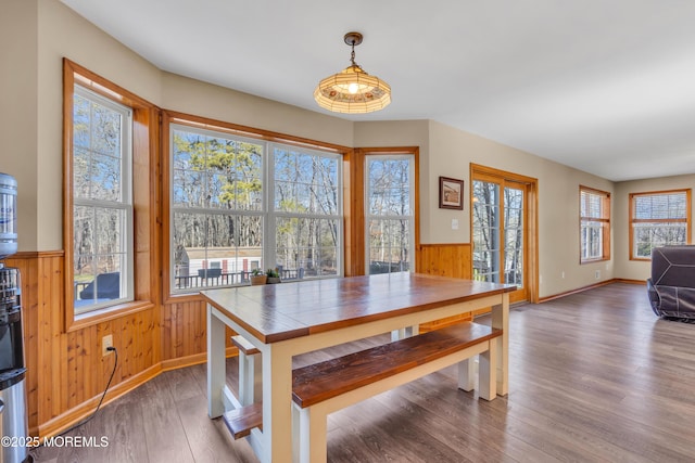 dining area with hardwood / wood-style flooring and wooden walls