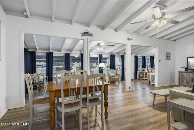 dining space featuring hardwood / wood-style flooring, ceiling fan, and beam ceiling