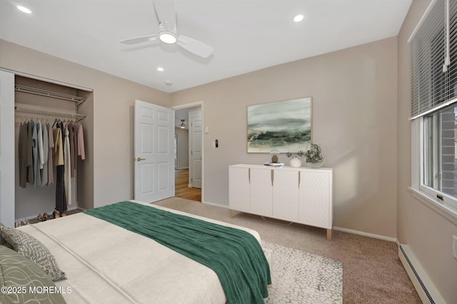 bedroom with light carpet, baseboards, ceiling fan, baseboard heating, and recessed lighting