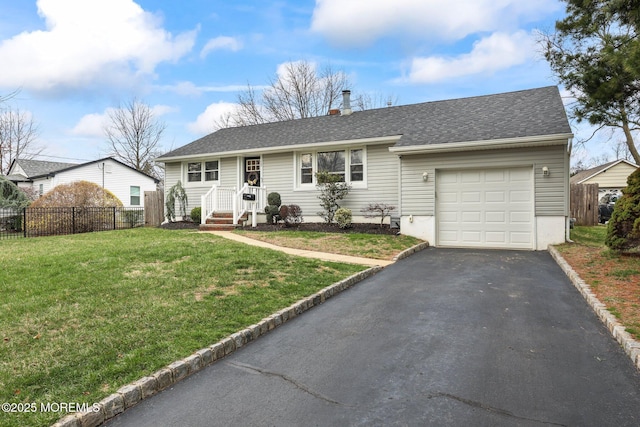 12 Edgewater Dr, Matawan, NJ 07747 - ranch-style home featuring a garage, driveway, roof with shingles, and a chimney