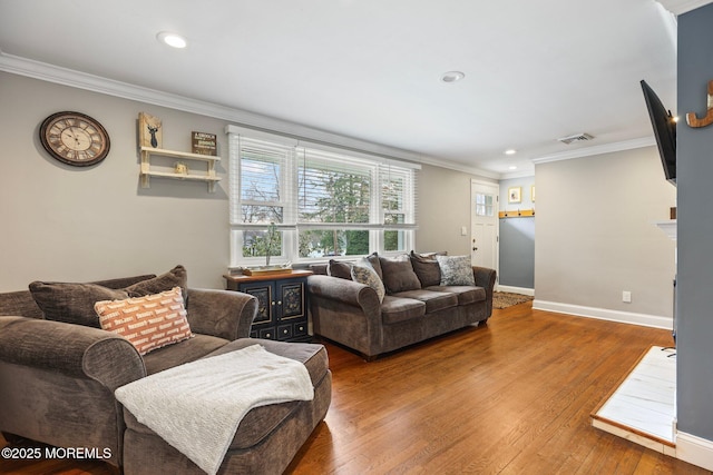 12 Edgewater Dr, Matawan, NJ 07747 - living area featuring ornamental molding, recessed lighting, hardwood / wood-style flooring, and baseboards