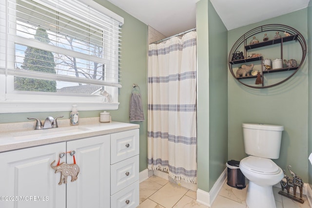 12 Edgewater Dr, Matawan, NJ 07747 - bathroom featuring toilet, marble finish flooring, baseboards, a shower with shower curtain, and vanity