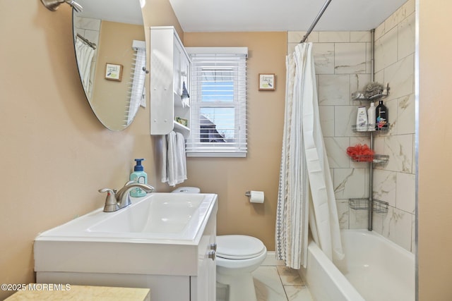 12 Edgewater Dr, Matawan, NJ 07747 - full bath featuring vanity, baseboards, toilet, shower / bathtub combination with curtain, and marble look tile flooring