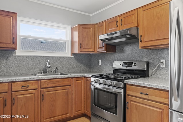 kitchen featuring stainless steel appliances, crown molding, sink, and decorative backsplash