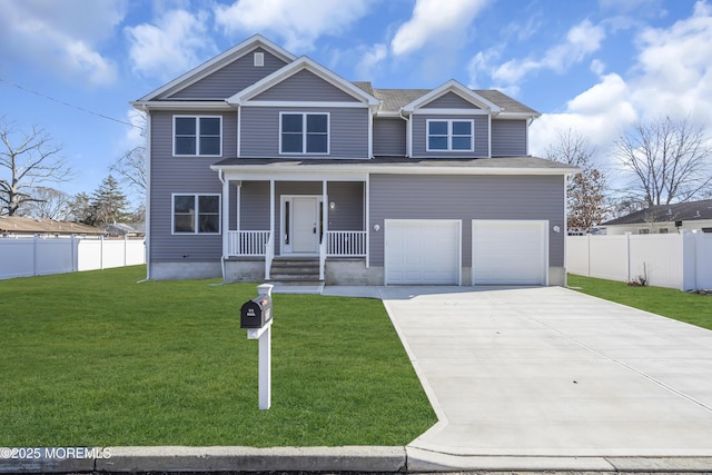 view of front of property with a garage, a porch, and a front yard