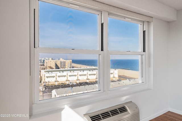 room details with heating unit, a water view, a beach view, and baseboards