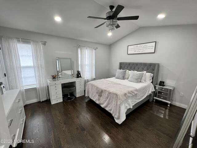 bedroom featuring ceiling fan, baseboards, vaulted ceiling, recessed lighting, and dark wood-style floors