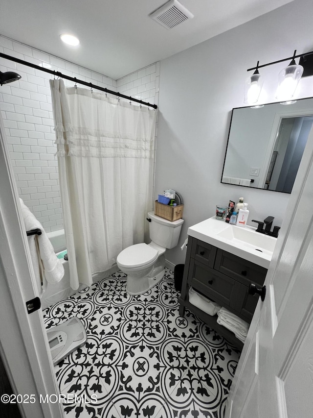 full bath with tile patterned floors, visible vents, shower / bathtub combination with curtain, toilet, and vanity