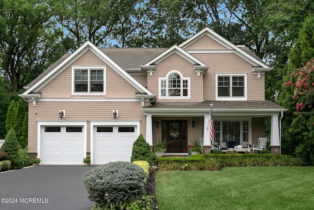 craftsman inspired home with a garage, a front yard, covered porch, and aphalt driveway