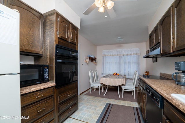 kitchen featuring dark brown cabinetry, sink, black appliances, and ceiling fan