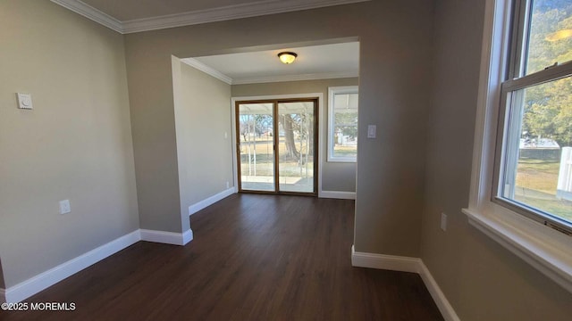 entrance foyer with ornamental molding and dark hardwood / wood-style floors