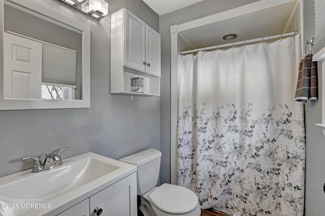 bathroom with vanity, toilet, and walk in shower