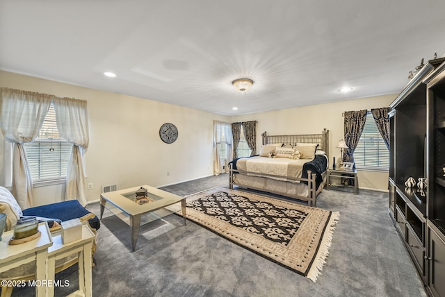 bedroom with multiple windows, carpet flooring, visible vents, and recessed lighting