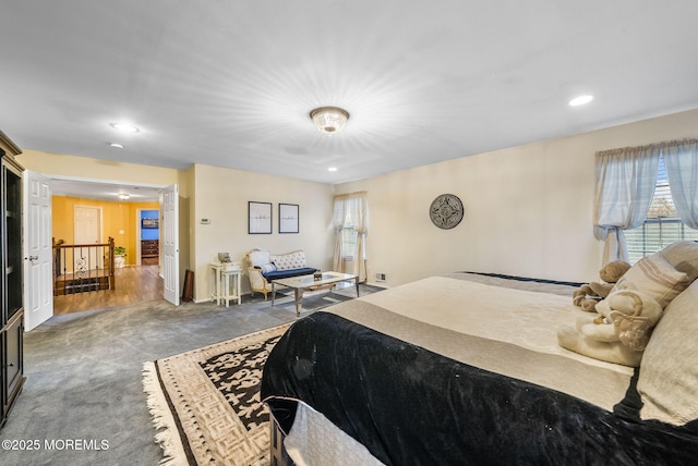 carpeted bedroom featuring recessed lighting