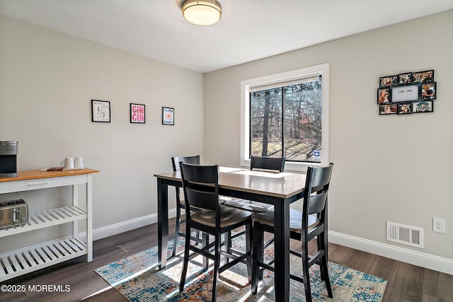 dining space featuring dark wood-style floors, visible vents, and baseboards