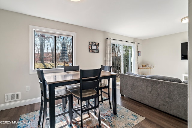 dining area featuring dark wood-type flooring, visible vents, and baseboards