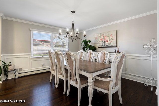 dining area with crown molding, dark hardwood / wood-style floors, a chandelier, and a baseboard radiator