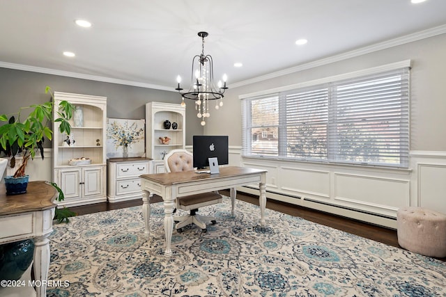 office with crown molding, dark hardwood / wood-style flooring, an inviting chandelier, and a baseboard heating unit