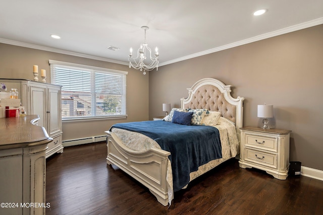 bedroom featuring an inviting chandelier, dark wood-type flooring, a baseboard radiator, and ornamental molding