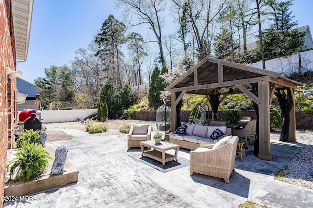 view of patio / terrace featuring a gazebo and outdoor lounge area