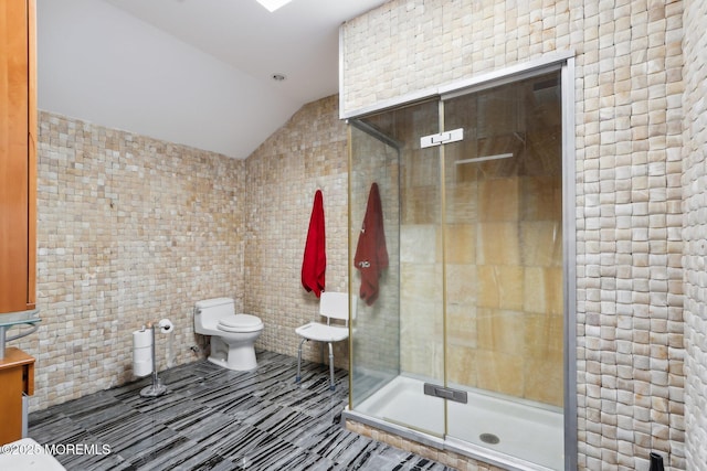 full bath with vaulted ceiling, a shower stall, and toilet