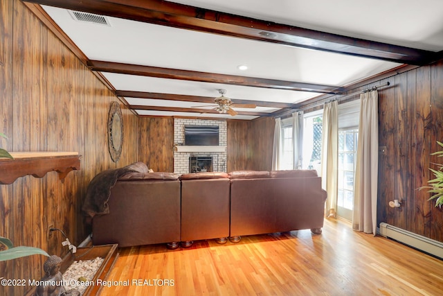 unfurnished living room with light wood finished floors, visible vents, a brick fireplace, beamed ceiling, and wood walls