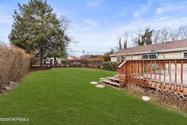 view of yard with a fenced backyard and a wooden deck