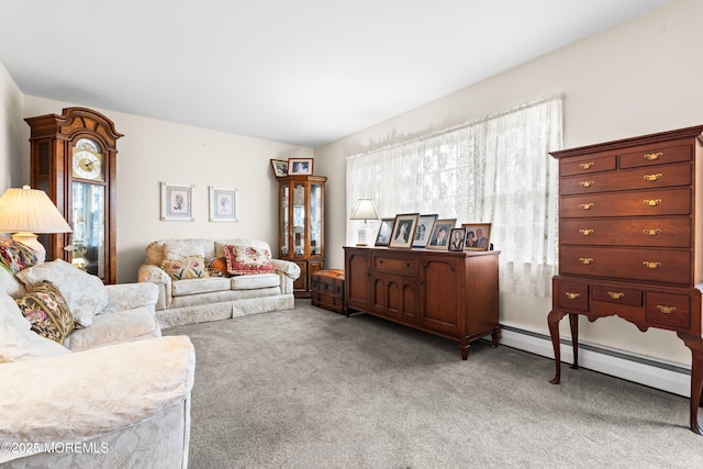 carpeted living room with a baseboard radiator