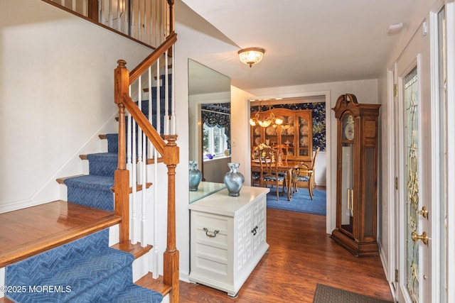 entryway featuring dark wood-style floors and stairs