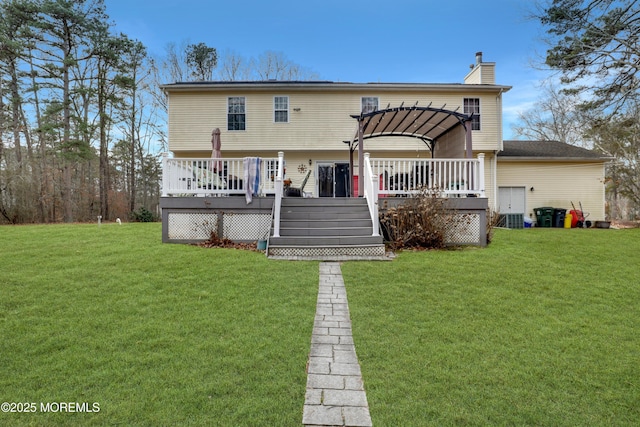 657 Toms River Rd, Jackson, NJ 08527 - back of property featuring a wooden deck, a lawn, a pergola, and a chimney