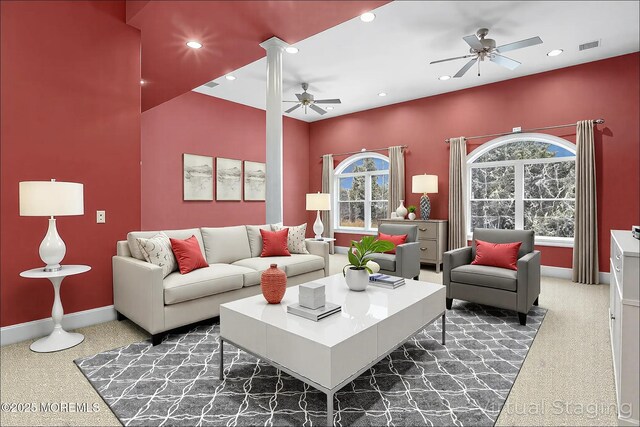 657 Toms River Rd, Jackson, NJ 08527 - carpeted living area with baseboards, ceiling fan, visible vents, and recessed lighting