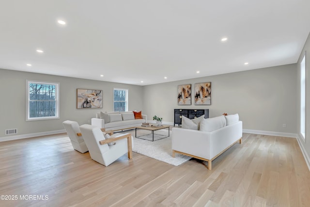 living room featuring a healthy amount of sunlight and light hardwood / wood-style flooring