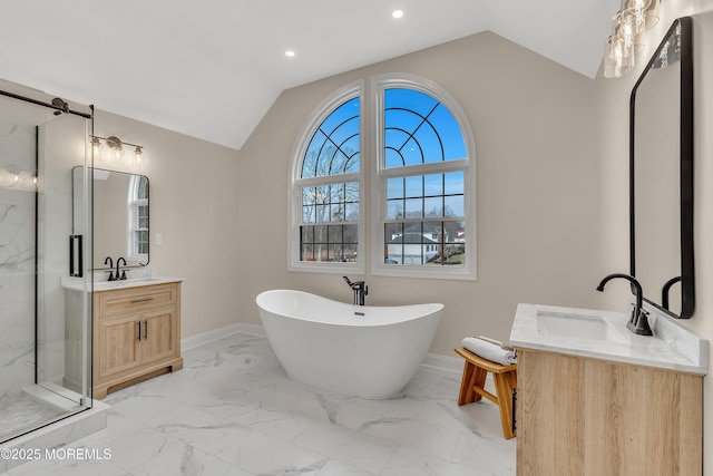 bathroom featuring lofted ceiling, plus walk in shower, and vanity