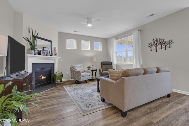 living room featuring wood-type flooring and ceiling fan