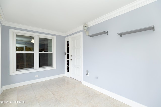 interior space with ornamental molding and light tile patterned flooring