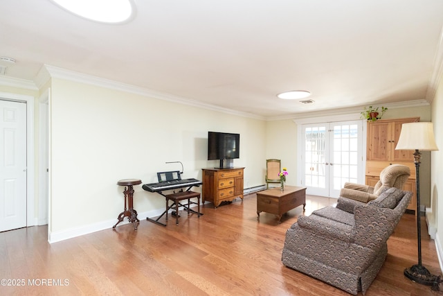 living room featuring crown molding, wood-type flooring, french doors, and a baseboard radiator