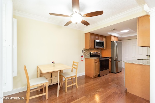 kitchen with a raised ceiling, sink, light hardwood / wood-style floors, stainless steel appliances, and crown molding