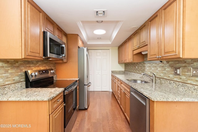 kitchen with sink, appliances with stainless steel finishes, light stone counters, light hardwood / wood-style floors, and a raised ceiling