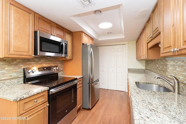 kitchen featuring sink, light stone counters, light hardwood / wood-style flooring, a raised ceiling, and stainless steel appliances