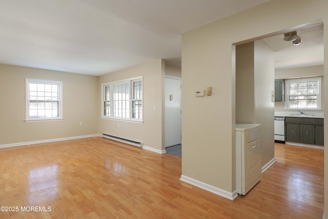 unfurnished room with washer / dryer, a baseboard radiator, light hardwood / wood-style floors, and plenty of natural light