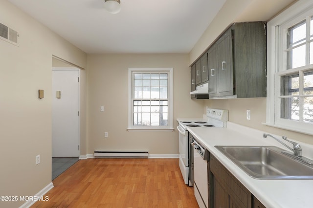 kitchen featuring sink, white appliances, a baseboard radiator, and a healthy amount of sunlight