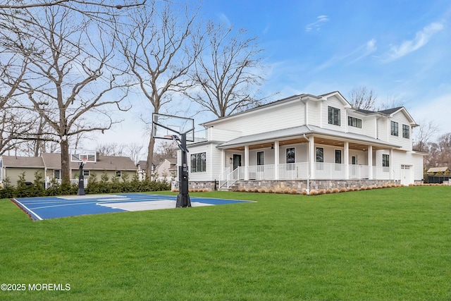 view of front of house featuring covered porch, basketball court, and a front lawn