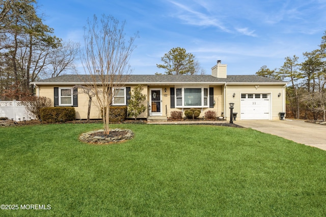 single story home featuring a front yard and a garage